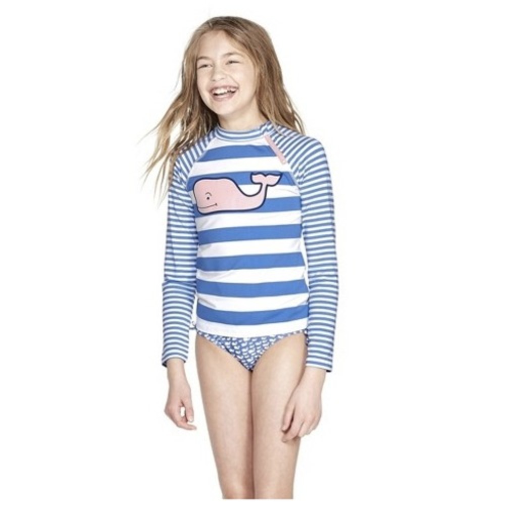 Vineyard Vines Target Kids Blue White Striped Whale Rash Guard Swim Shirt M 7/8